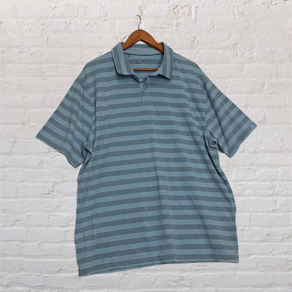 Under Armour 2XL Loose‎ Fit Polo Shirt Blue Striped HeatGear Short Sleeve